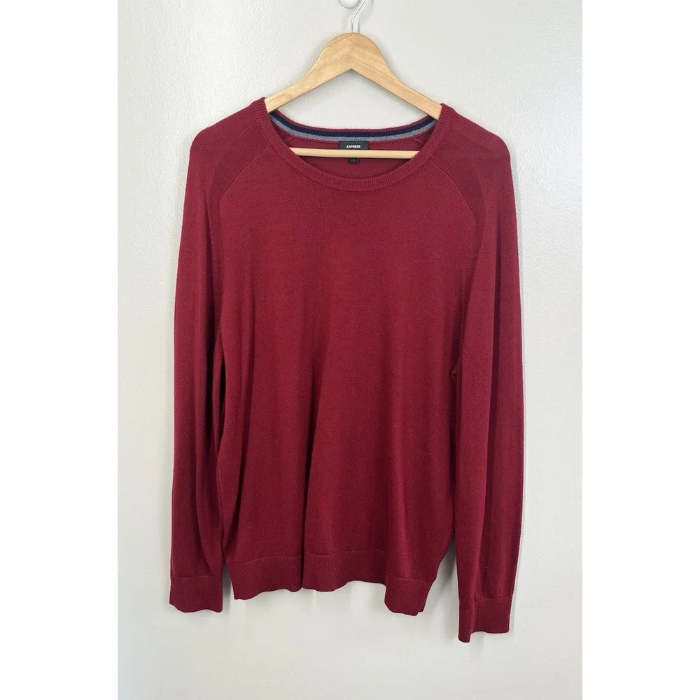 Express 100% Merino Wool Sweater Mens Lg Burgundy Crew Neck Heather Knit